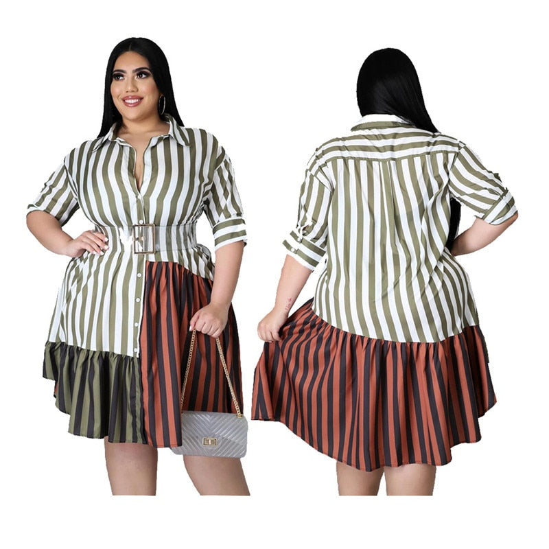 Plus Size Clothing for Women Dress Wholesale Fashion Streetwear Patchwork Striped Office Lady Shirts Midi Dresses Dropshipping