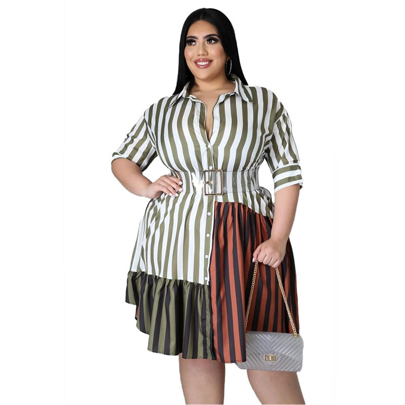Plus Size Clothing for Women Dress Wholesale Fashion Streetwear Patchwork Striped Office Lady Shirts Midi Dresses Dropshipping