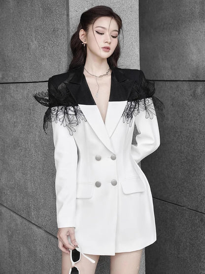 Colorblock Temperament Blazers For Women Notched Collar Long Sleeve Patchwork Double Breasted Slim Blazer Female