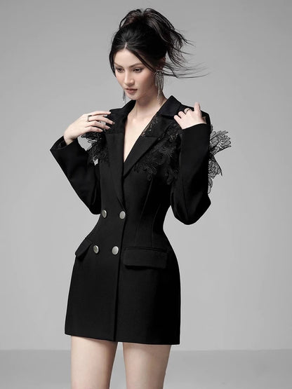 Colorblock Temperament Blazers For Women Notched Collar Long Sleeve Patchwork Double Breasted Slim Blazer Female