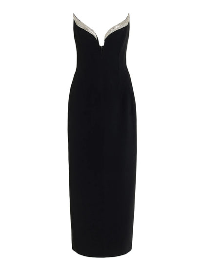Women Autumn Sexy Strapless Backless Diamonds Maxi Long Bodycon Bandage Dress Elegant Evening Party Gowns Vestido