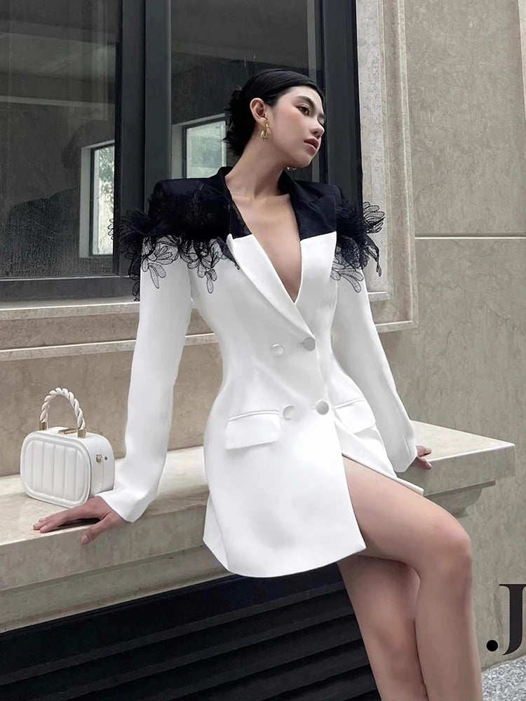 Colorblock Temperament Blazers For Women Notched Collar Long Sleeve Patchwork Double Breasted Slim Blazer Female