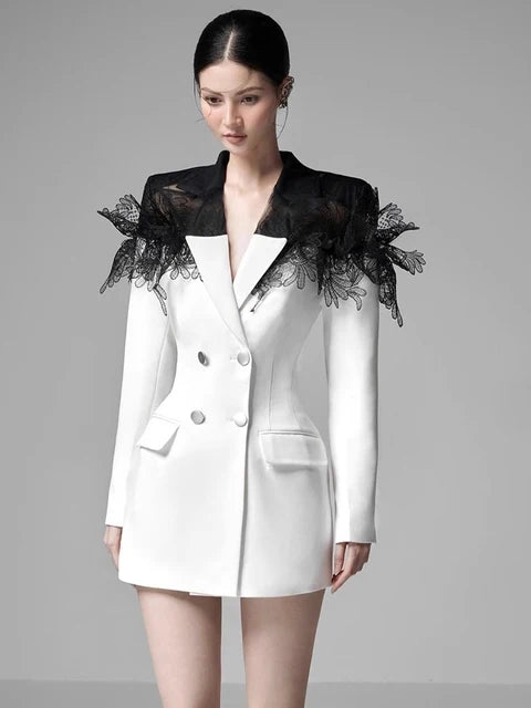 Colorblock Temperament Blazers For Women Notched Collar Long Sleeve Patchwork Double Breasted Slim Blazer Female